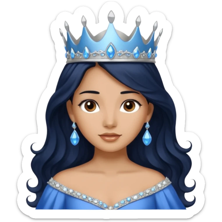 Por favor hazme el emoji de la princesa pero con piel canela con el pelo negro y ondulado y largo, los ojos marrones y la corona plateada con jollas azules sticker