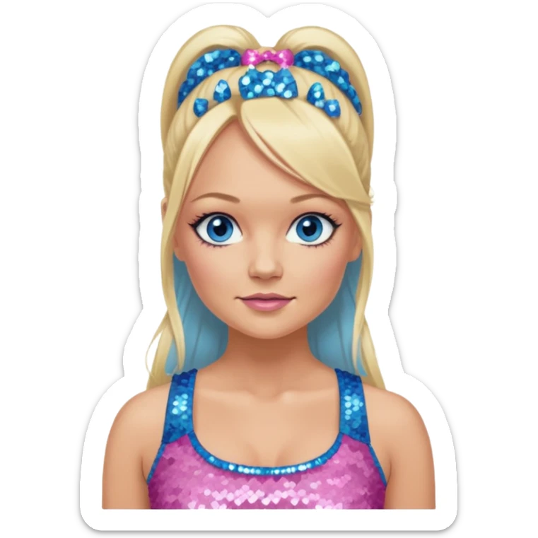 Emma Bunton with long blonde ponytail hair, blue eye, pink sequin crop top sticker