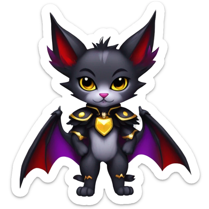 Anthro-Cute-Edgy-Cool-Vampiric-Batty-Cat-Black-Purple-Red-Grey-White-Yellow-Contrast-Colors-Fantasy-Fur-Sona-Chibi-Shiny-Fakémon-Hybrid with horns and fangs and collar full body sticker