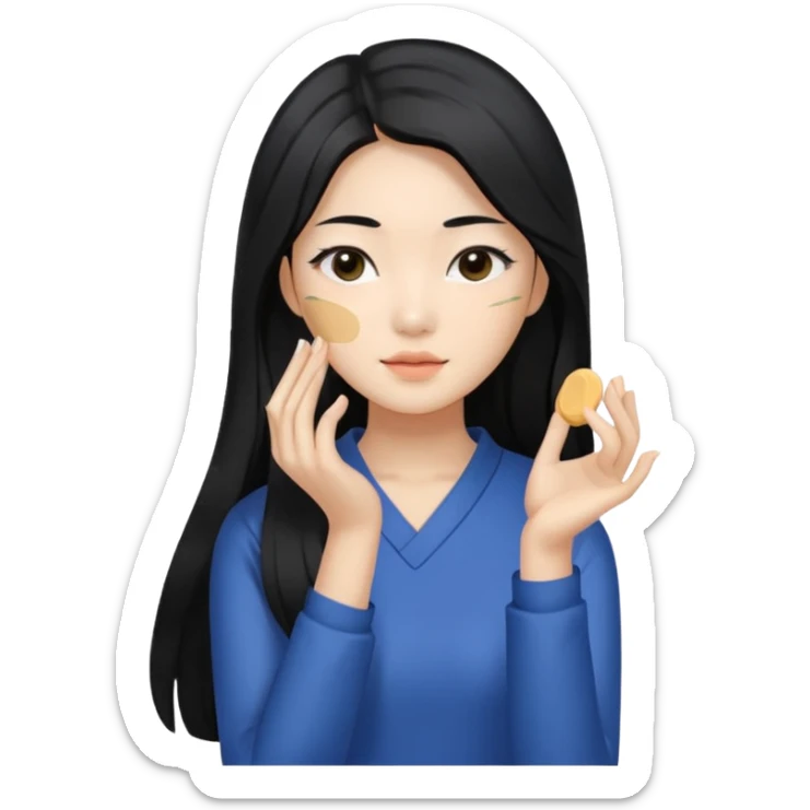 Korean woman with long hair applying foundation to upper body, clear skin sticker