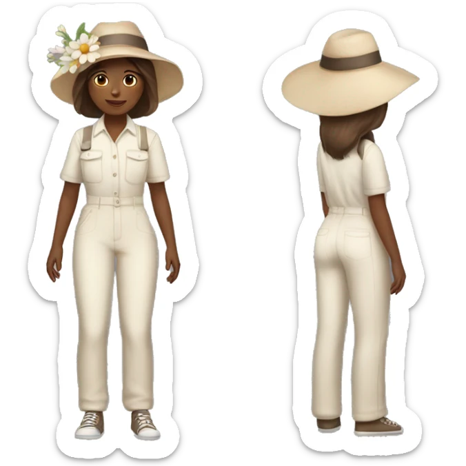 WHITE SKIN! Girl with a flower in her hand, with a hat, shoulder-length brown straight hair, wearing a pastel jumpsuit with white shirt in it sticker