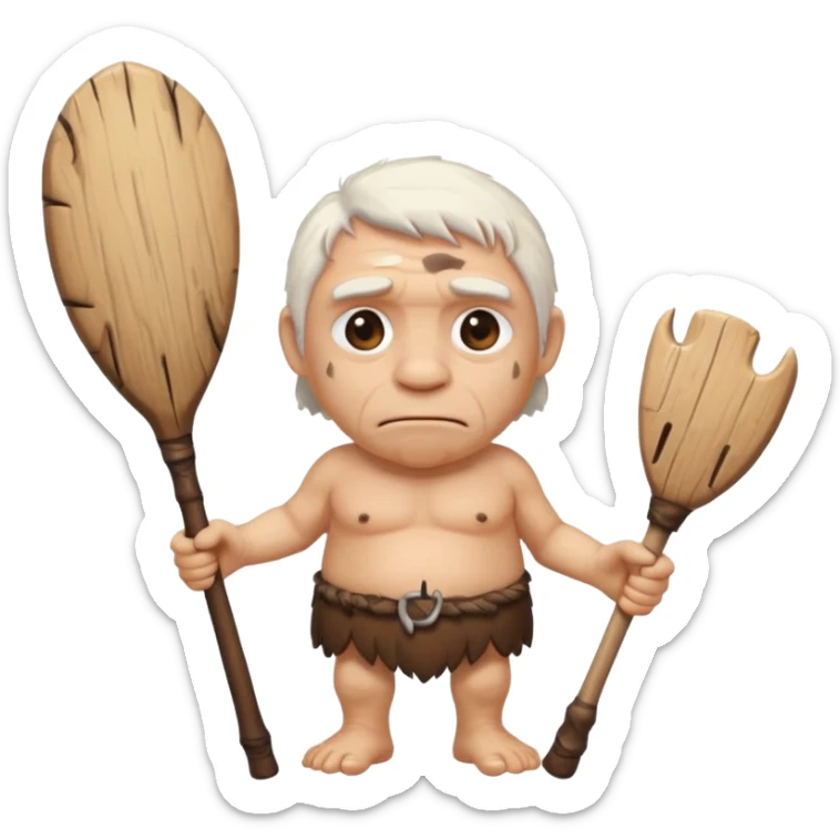 cute old Neanderthal with white hair, big eyes, and a club emoji style sticker