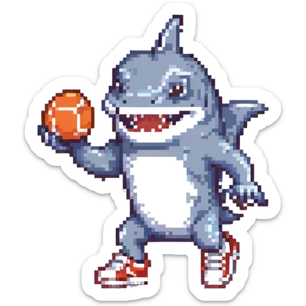 pixel art of a smiling shark wearing tennis shoes sticker