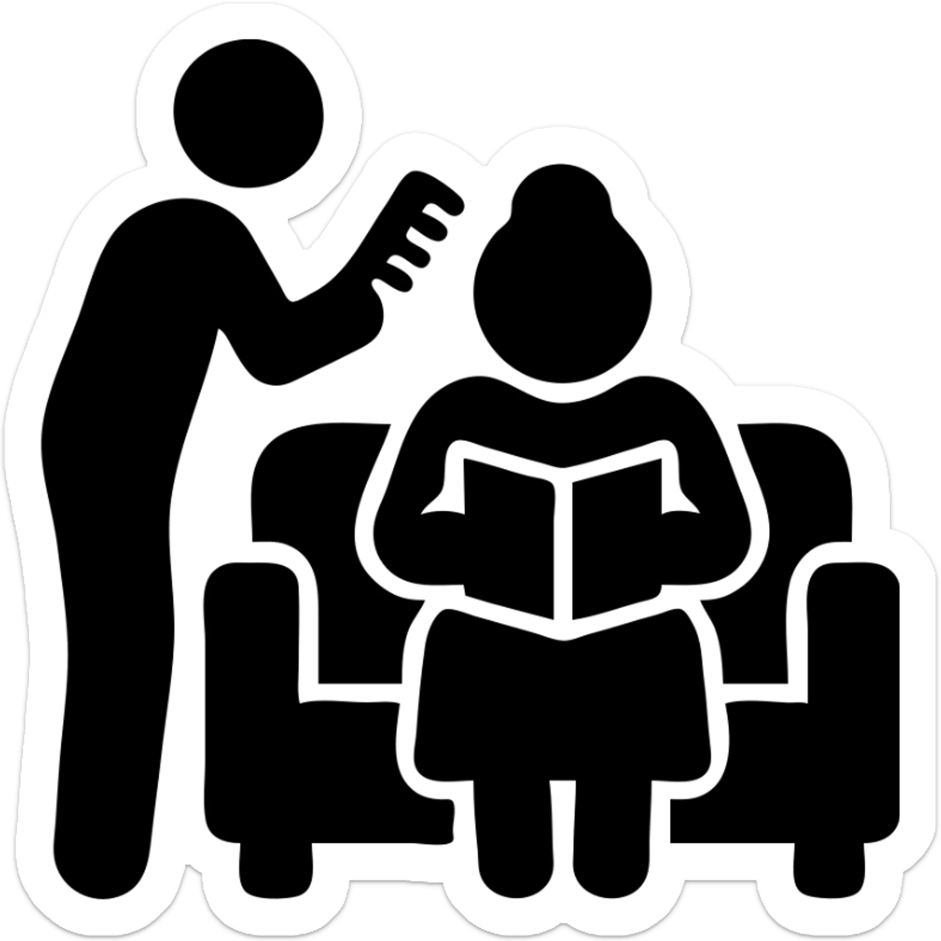 An elderly man combing the hair of an elderly woman sitting on a sofa reading a book sticker
