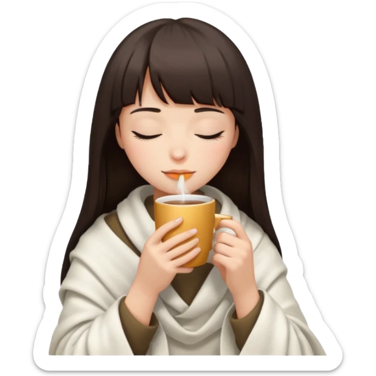 Dark brown hair with straight bang girl inside a white blanket sipping coffee eyes closed sticker