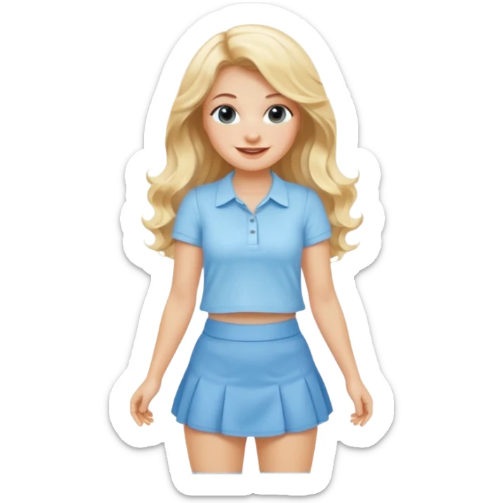 cheerful blonde woman with long wavy hair wearing baby blue mini skirt and shirt sticker