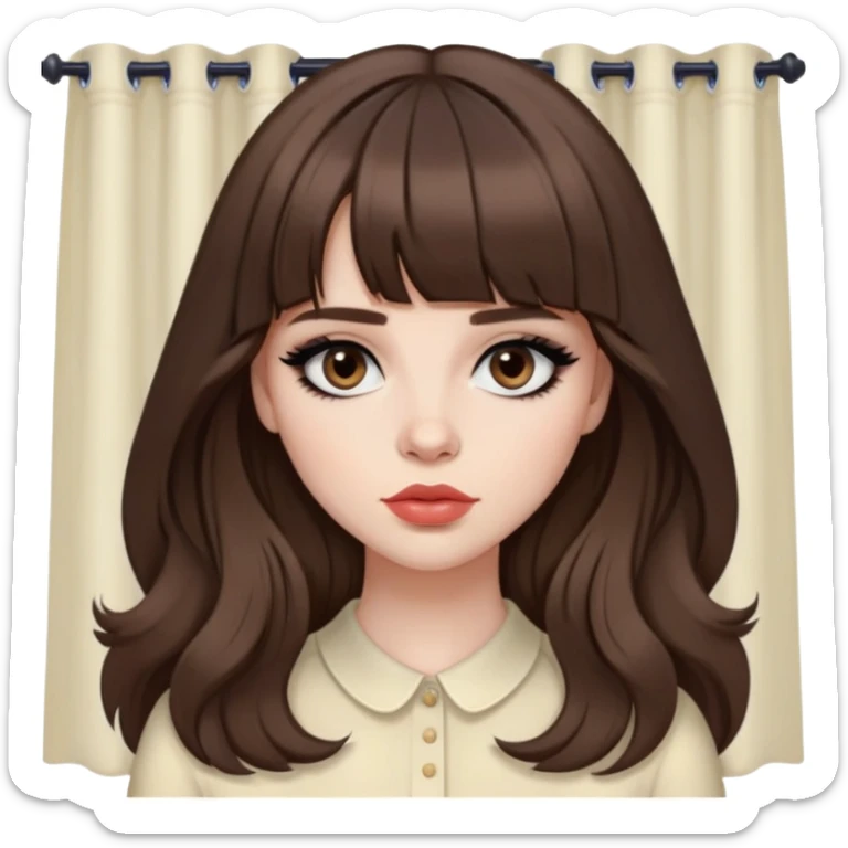 pretty baddie, brown hair, curtain bangs, cute lips, pale skin, long hair, dark brown eyes, bold black eyeliner sticker