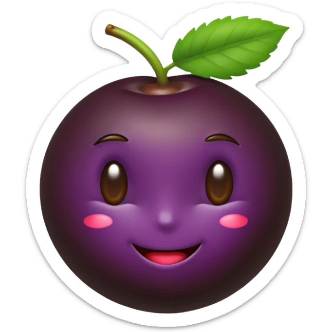 modern emoji icon of açaí berry, deep purple glossy berry, lower half smoothly coated in dark chocolate, small green leaf on top, cute playful clean style sticker