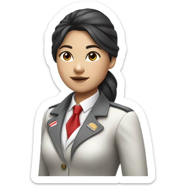 Flight attendant girl, Asian, black gathered hair. A white shirt and a light grey jacket. A grey scarf with white and red stripes is around his neck. sticker
