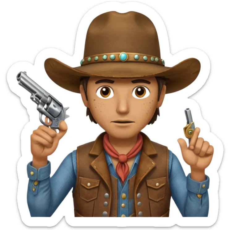 A cowboy pointing his revolver in your face  and saying, "Give me your money." sticker