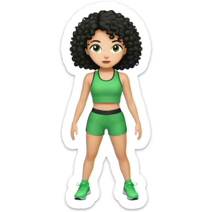 woman with olive skin and curly black hair wearing a green workout outfit (shorts) and standing in a disco pose sticker