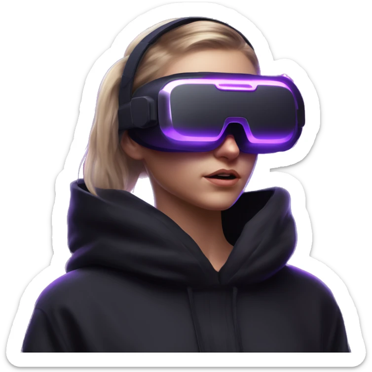 Russian girl wearing black hoody with violet letters "OMG", in vr headset oculus quest2. Standing like jedi. Cyberpunk style. Violet neon. sticker