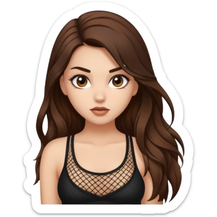 a pretty bratz fair girl with brown long hair styled well, looking like a baddie in a fishnet top and dark brown hair sticker
