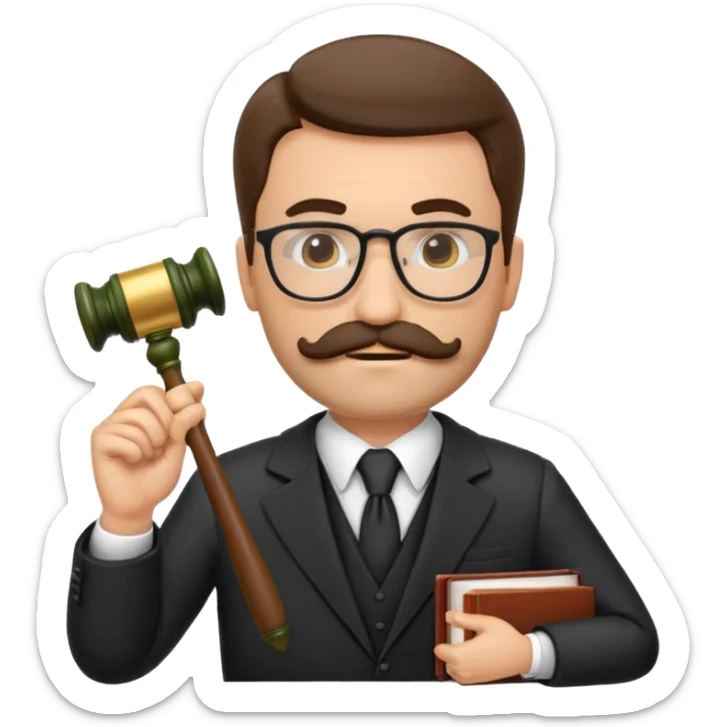 “Create a clean, modern emoji-style illustration of a male lawyer. He is wearing a formal suit jacket. He is holding a judge’s gavel (QUE SE VE DE COSTADO) in one hand and has a law book tucked under his arm. He has a mustache and beard!!, and GLASSES sticker