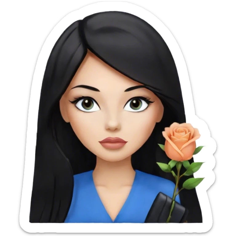 Glamours, tanned, very beautiful girl, with big pump peach-beige-rose lips, eyeliner, long lashes, black straight smooth silky long hair, straight parting hair, blue-grey eyes in black clothes for working profile sticker