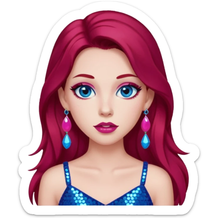 Chappell Roan (b.1998) with long dark red hair, pink sequin crop top, pink earring, blue eye, makeup sticker