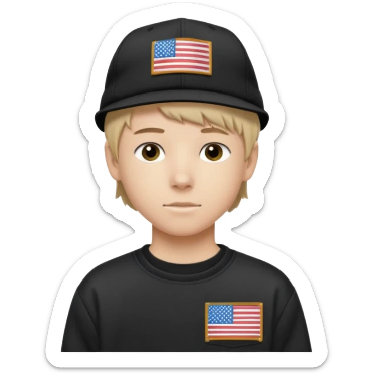 white  teen boy with short mullet haircut and black American flag flat bill hat at and wearing Carhartt sweatshirt sticker