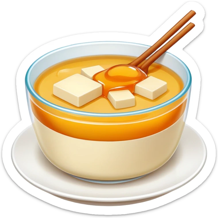 Chinese sweet Douhua tofu pudding with syrup and toppings, simplified emoji style with bold outlines and bright colors, cartoon style soft dessert sticker