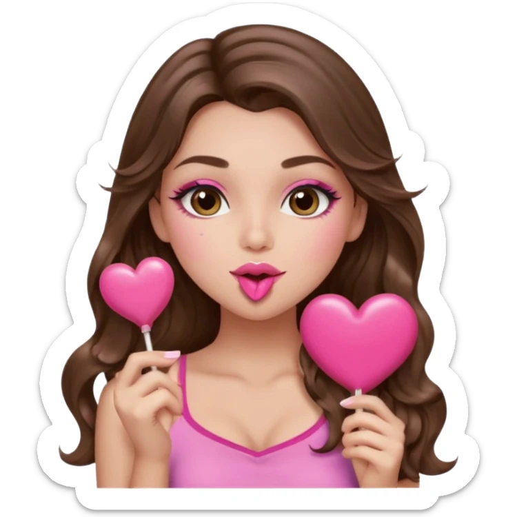 girl with long wavy brown hair, brown eyes, long lashes makeup, sexy pink lips, light to medium complexion, wearing a pink sexy top, blowing a kiss, heart lillipop sticker