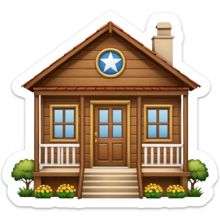 A wooden house typical of Puerto Rican rural neighborhoods, with a simple and cozy design featuring a central functional door, two symmetrical windows, a front porch with open railings, and space for a rocking chair. Emoji style, brown and wooden. sticker
