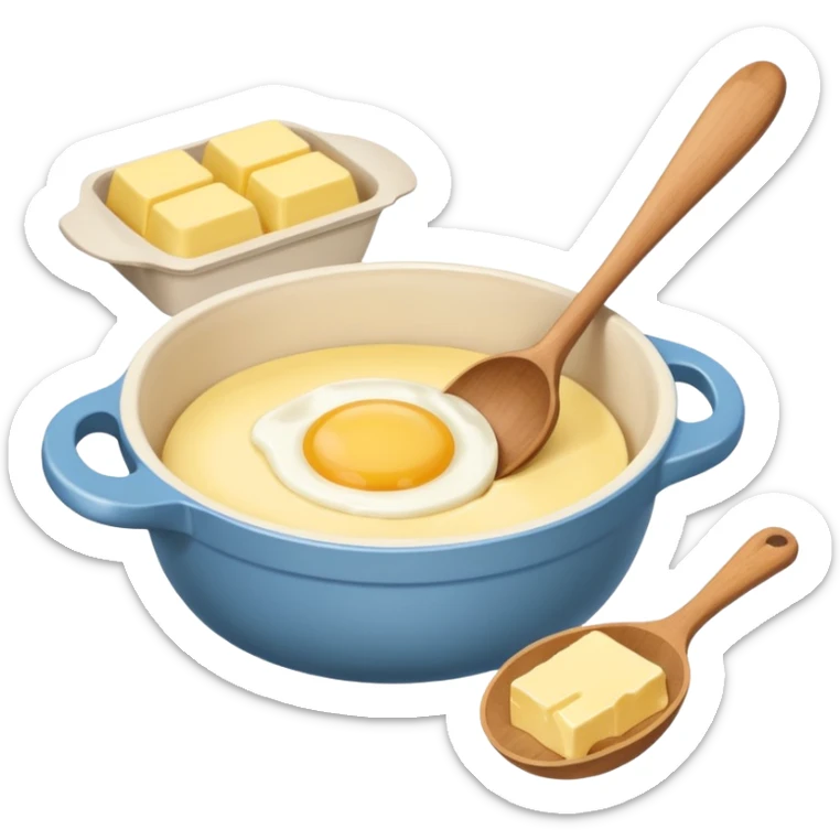 A cream ceramic baking bowl with a wooden spoon in it, next to it is a carton of eggs and butter sticker