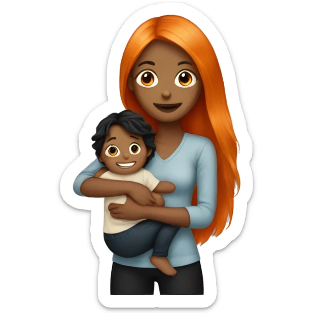 Girl with long orange hair holding baby boy with black hair  sticker
