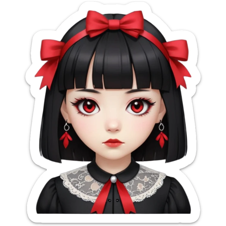 Cute East Asian girl, pale skin, straight bangs, black inward bob. Wearing gothic dress with lace collar, red eyeshadow, black ribbon headband, serious expression sticker
