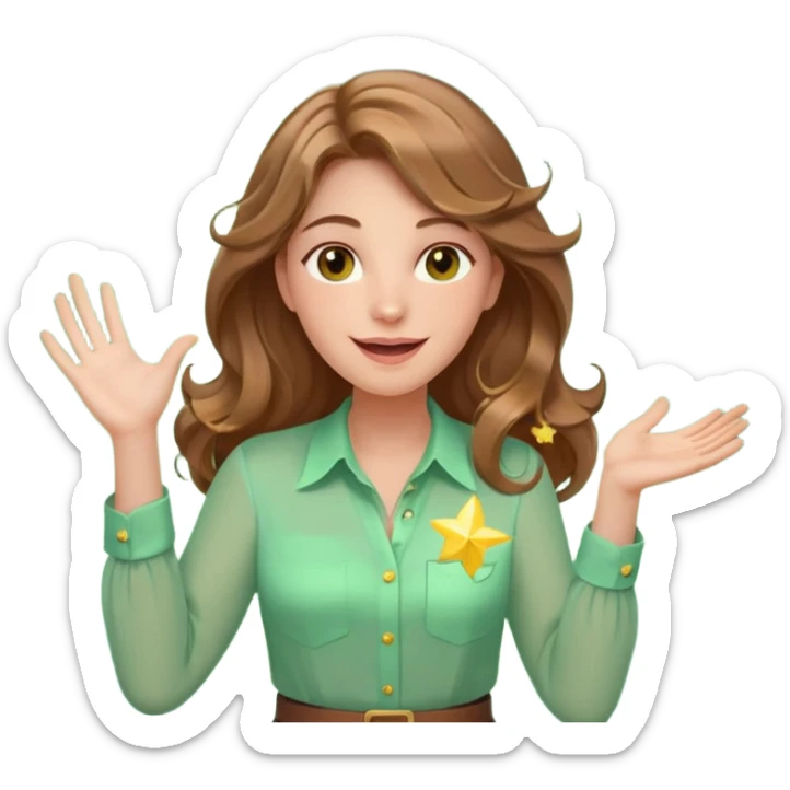 Joyful and imaginative woman with fair skin, long wavy light brown hair, hazel eyes, wearing a light green blouse with yellow accents, holding a glowing lightbulb and gesturing outward. Surrounded by stars, sparkles, speech bubbles, a paper plane, and a small heart. Waist-up, front-facing sticker