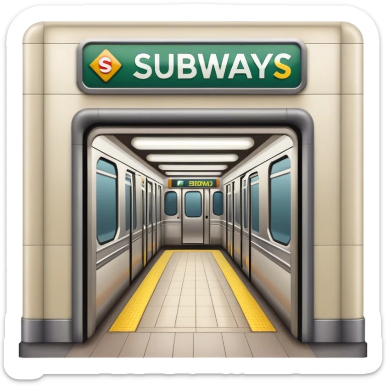 The entrance to the subway is down the stairs with a subway sign sticker