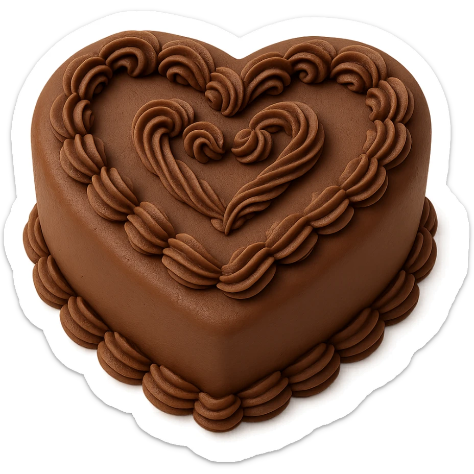 heart-shaped chocolate fondant cake with piped swirls, transparent background sticker