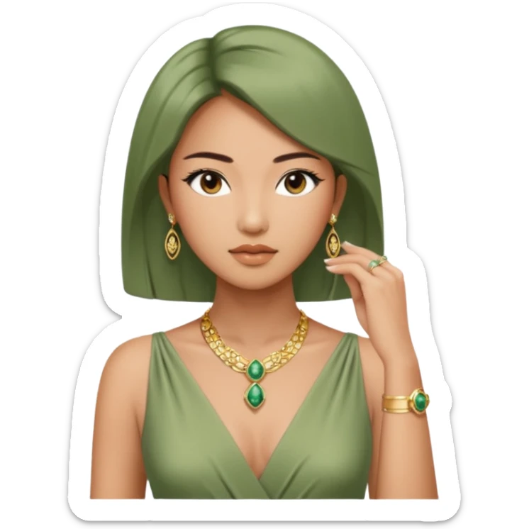 Aesthetic rich Asian woman in sage green Versace dress and Cartier jewelleries, front view sticker