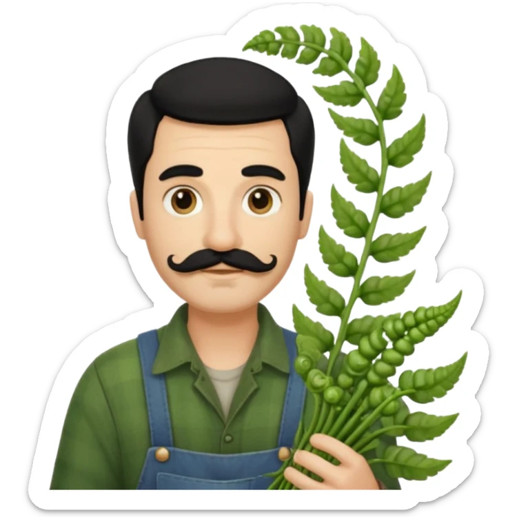farmer emoji holding a bunch of fiddlehead ferns, black hair, moustache, light beard, inspired by the attached reference photo sticker