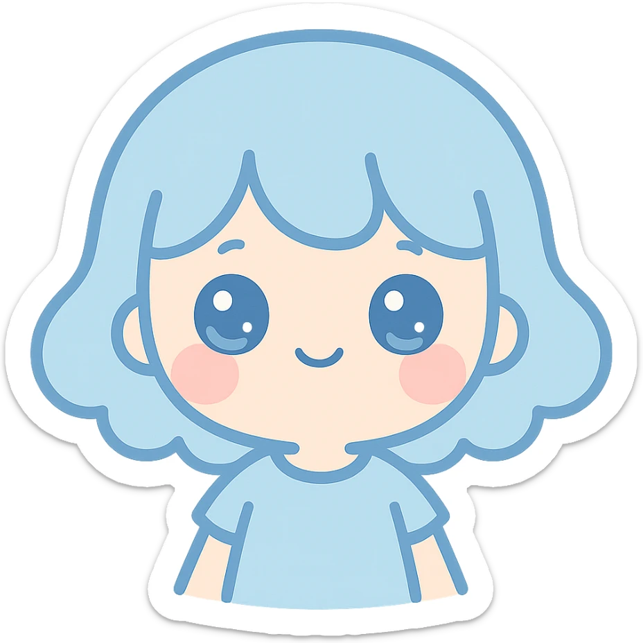 kawaii girl with blue hair, blushing cheeks, cute illustration sticker