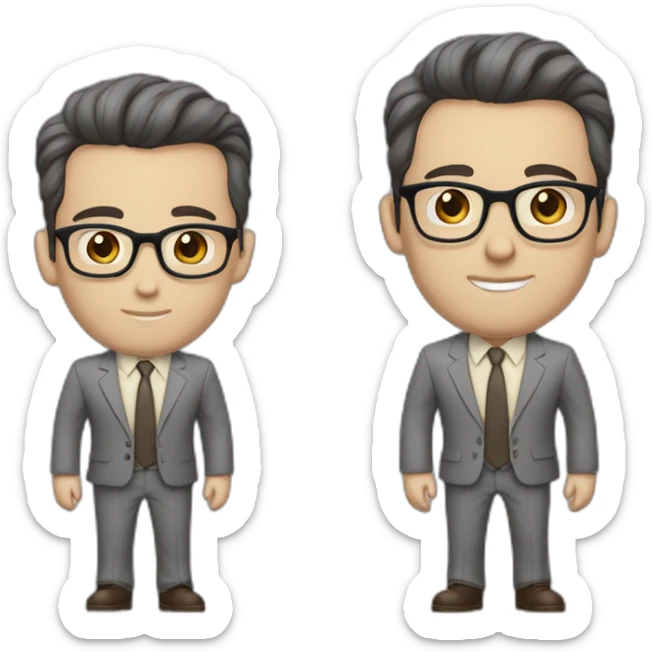 Full height Pale skinned Fit Man With dark brown hair in classic gray suit, beige office shirt, dark gray tie, and vintage glasses. His hands lock sticker