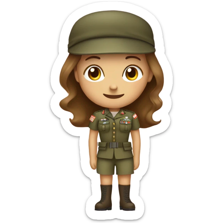 girl in army uniform with girly pink bow on head and brown hair and heels on feet emoji sticker