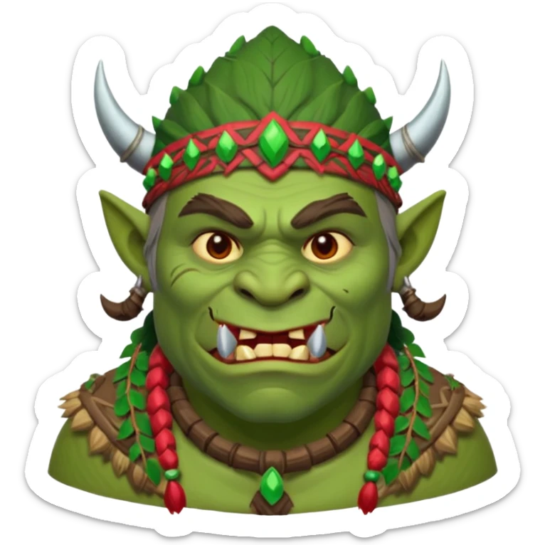 Christmas fantasy orc icon, winter feast chief theme, tribal ornaments, joyful brutal expression, festive winter atmosphere, stylized emoji portrait, male/female variant
 sticker
