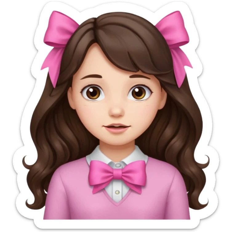 Brunette, long wavy hair, girl emotions and a pink bow sticker