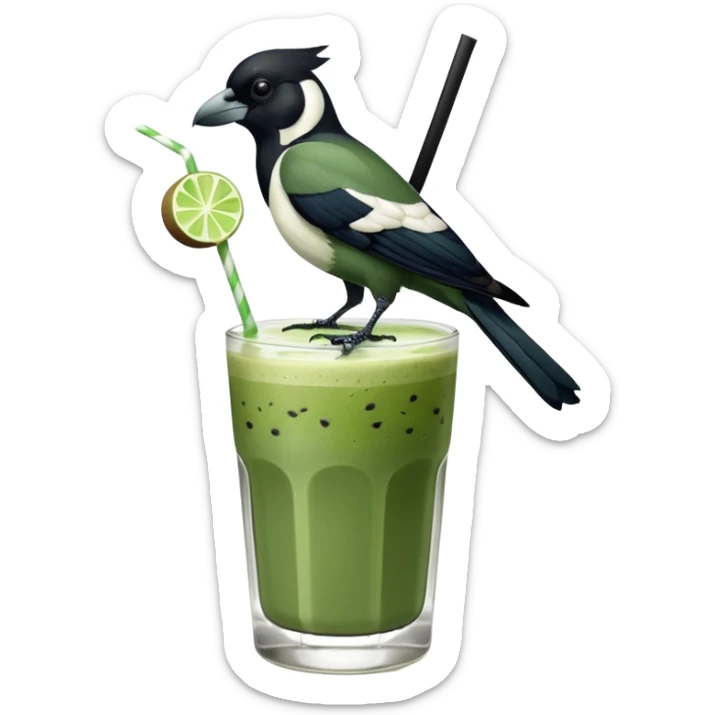 It’s an Australien Magpie sitting on an iced matcha latte on the edge of the glass. It has green matcha on its beak indicating it drank. The iced matxha latte is in a see through glass and white from the oat milk on the bottom and green on top…and there is a straw in the drink and ice cubes sticker
