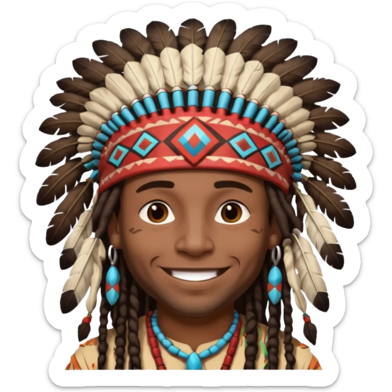 Black American man dark brown with dreads with a American Indian headdress with a laughing face sticker