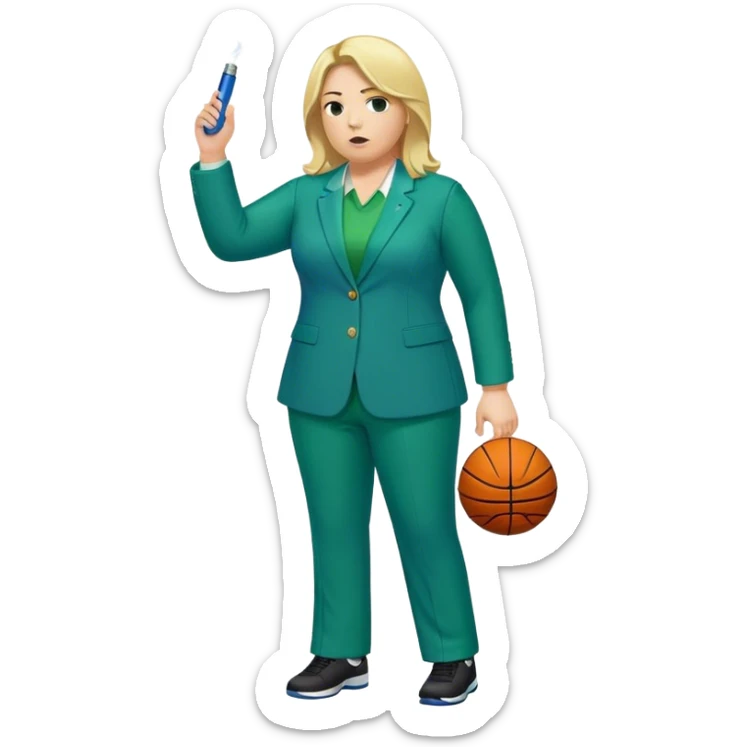 Full Body white plus size female basketball head coach with whistle  blonde hair shoulder length in a blue and green suit sticker
