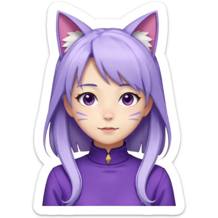female anime character with long white and periwinkle hair and cat ears on her head. She is wearing a purple outfit with a high neckline and long sleeves.  sticker