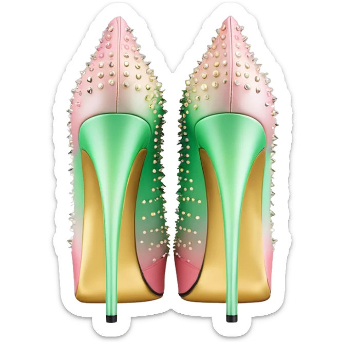 Hyper Realistic top front view of a pair of pastel pink,pastel green,and pastel yellow ombre gold studded pointed toe stiletto shoes.  sticker