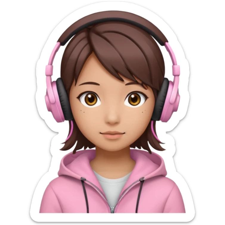 a japanese girl with brown layered cut hair. she has dark brown eyes, and has a cute super light pink gaming headphones sticker