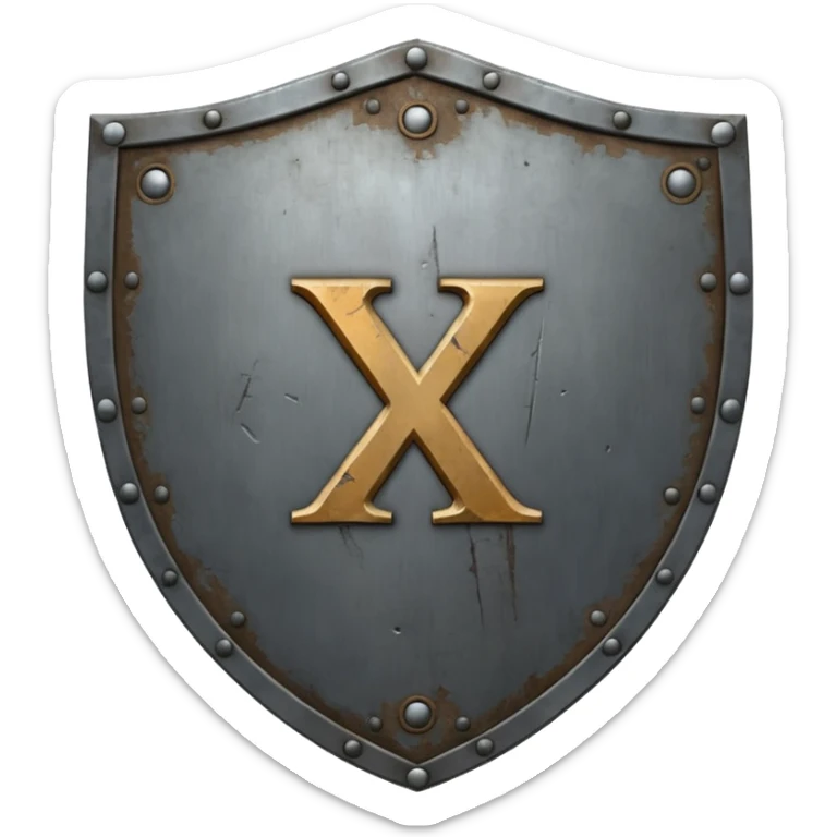 a battle worn steel shield with engraved roman numerals "XXX", the roman numerals should be prominent and in the center of the shield sticker