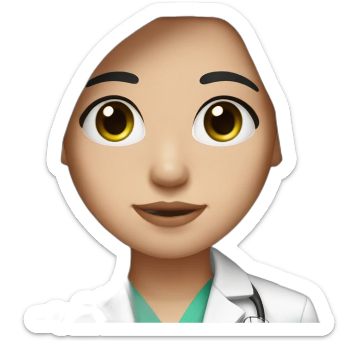 doctor, black long hair, girl, white skin, straight hair, freckles, green-brown eyes, pink lips sticker