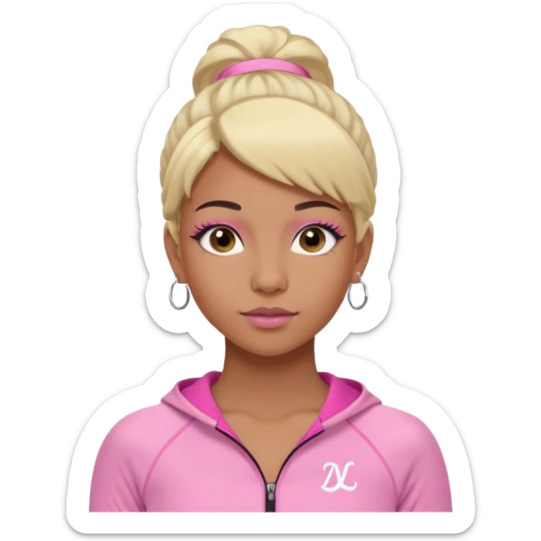 crée moi une jeune adulte brownskin au yeux brider marron foncer et une perruque blonde avec des baby hairs , un ensemble lululemone rose percing au nez et les oreilles remplis un petit full face de londonniennes des gros faux cils bien charger  sticker