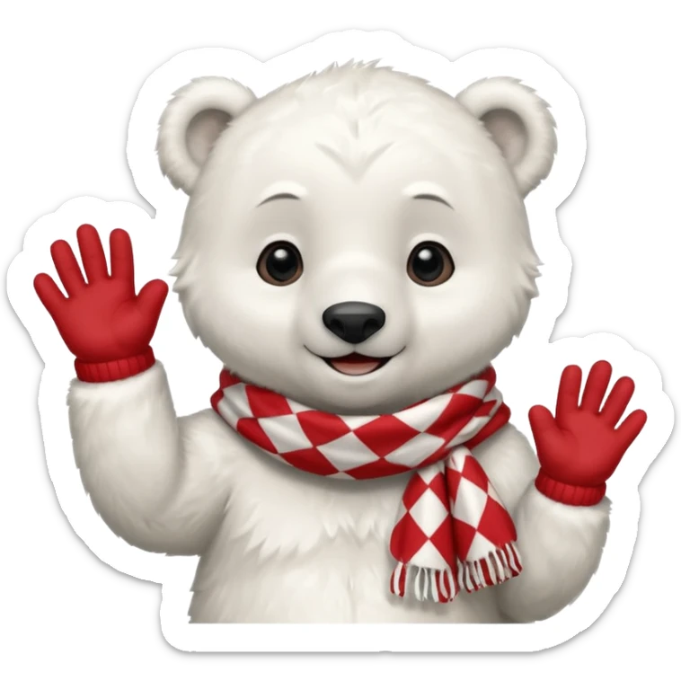baby Polar Bear, smiling, hi five, wearing red Checkered Triangle scarf sticker