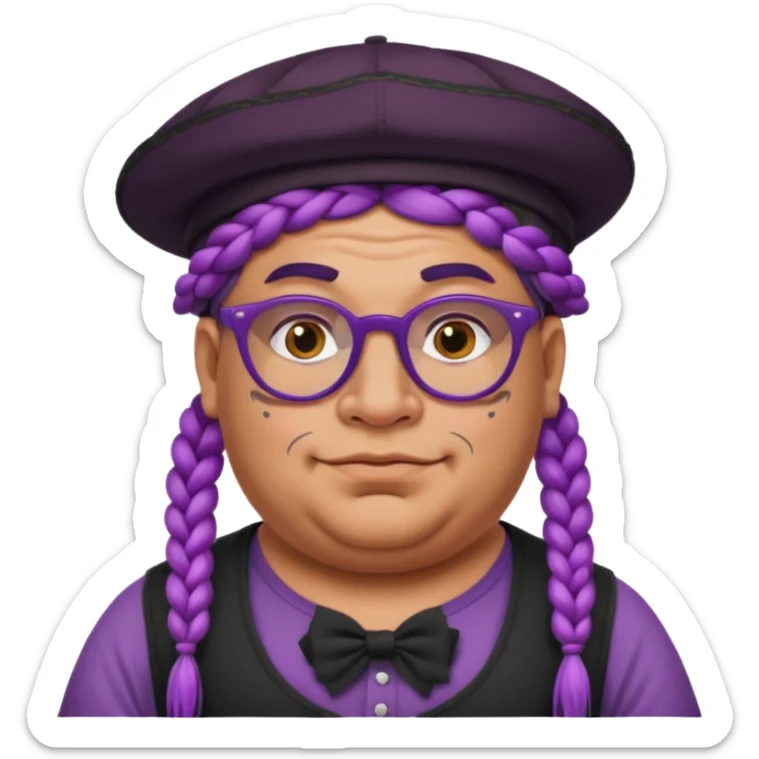 very tattoed face, normal glassess, fat venice gondolier with iconic hat and purple thick braided hair sticker