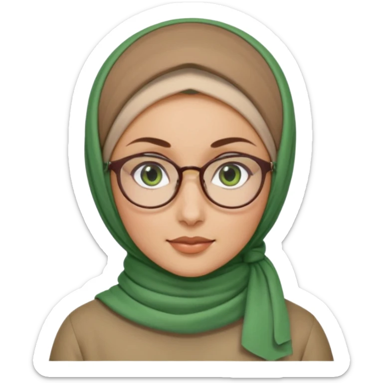 iranian woman, tight curly light brown hair in one high pony tail, glasses, green eyes, pretty, oval shape face sticker