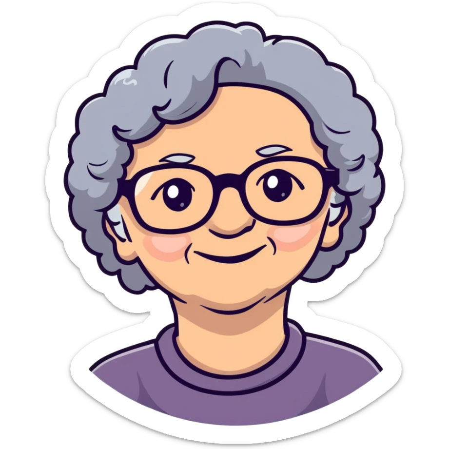 smiling elderly Caucasian woman with grey curly hair and glasses sticker